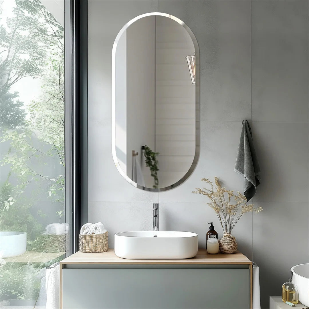 Frameless Long Oval Bathroom Vanity Mirror Silver Glass Wall Decor Mirror with Beveled Edge for Bathroom Entryway
