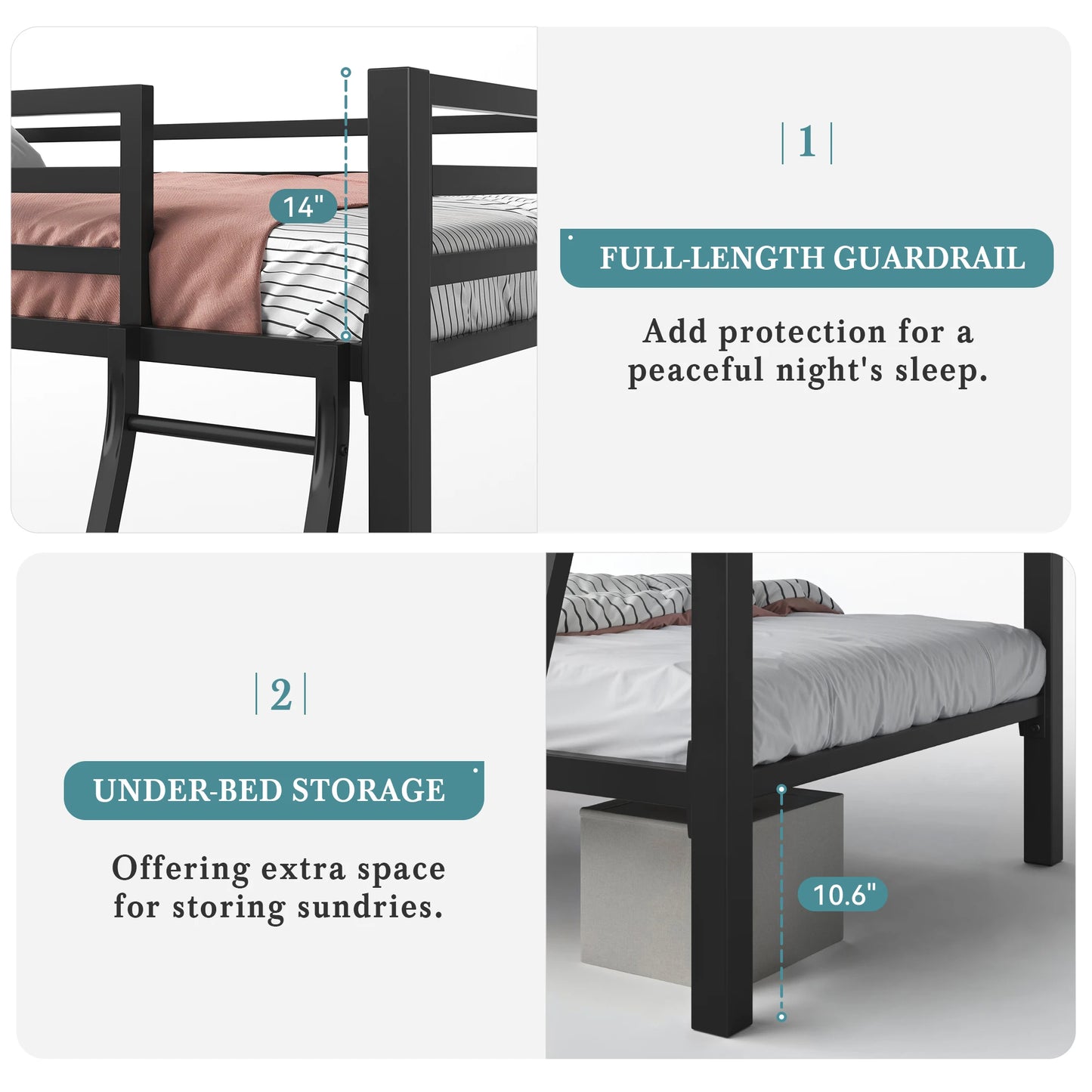 Heavy-Duty Metal Bunk Bed Frame Twin Over Twin, Full Length Guardrails, Space-Saving, Sturdy Metal Support