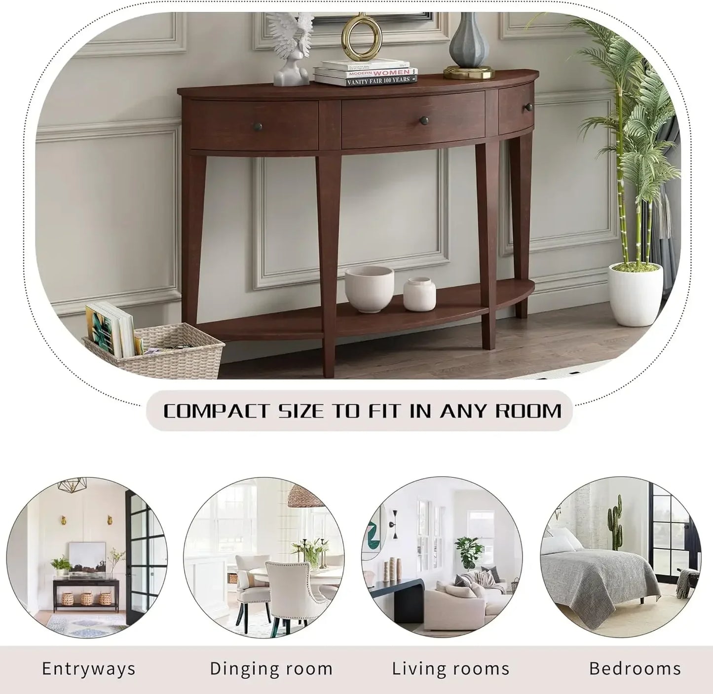 Curved Design Console Table Sofa Table with Sturdy Solid Wood Frame, 3 Storage Drawers and Bottom Shelf for Hallway Entryway