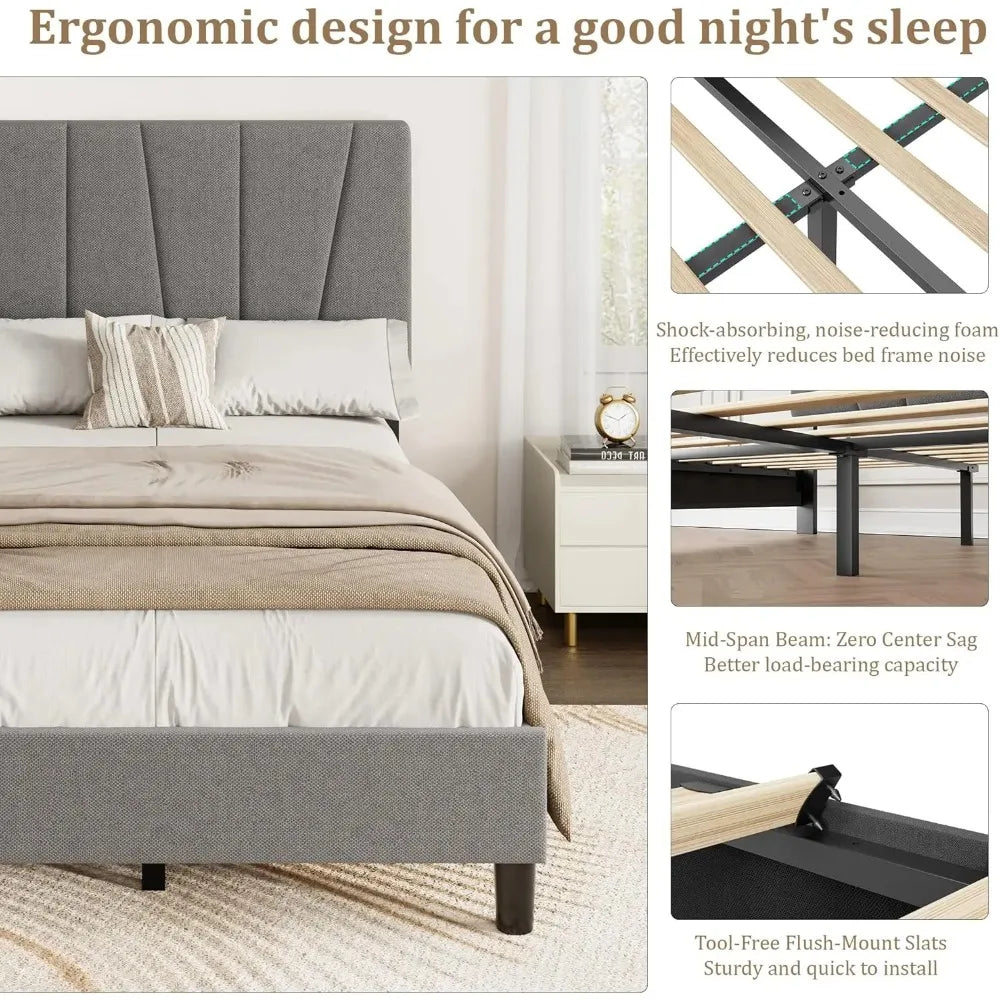 Twin Size Platform Bed Frame with Adjustable Upholstered Headboard