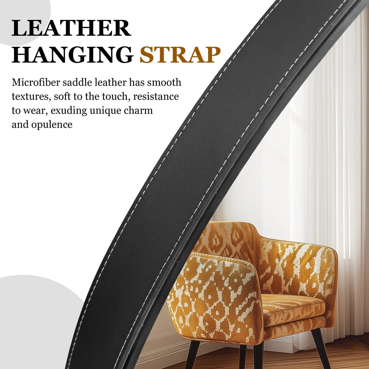 Round Wall Mirror with Brushed Aluminum Frame and Leather Strap - 60/70/80cm