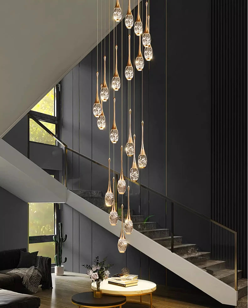 Crystal Chandelier: Multi-Drop Spiral Pendant Light in Gold - 30cm x 120cm