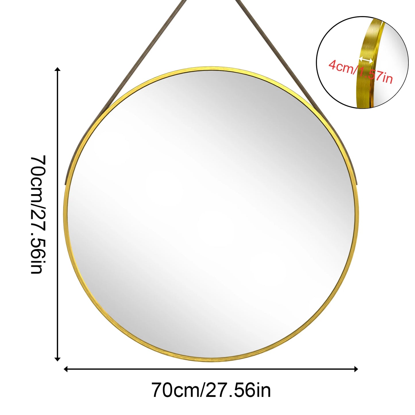 Round Wall Mirror with Brushed Aluminum Frame and Leather Strap - 60/70/80cm