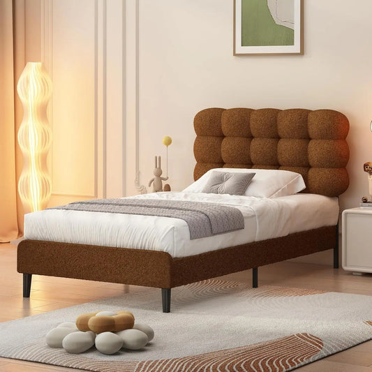 BarnFurin Twin Bed Frame with Upholstered Headboard, Teddy Soft Boucle Fabric, Platform Bed with Strong Wooden Slats Support, Tw