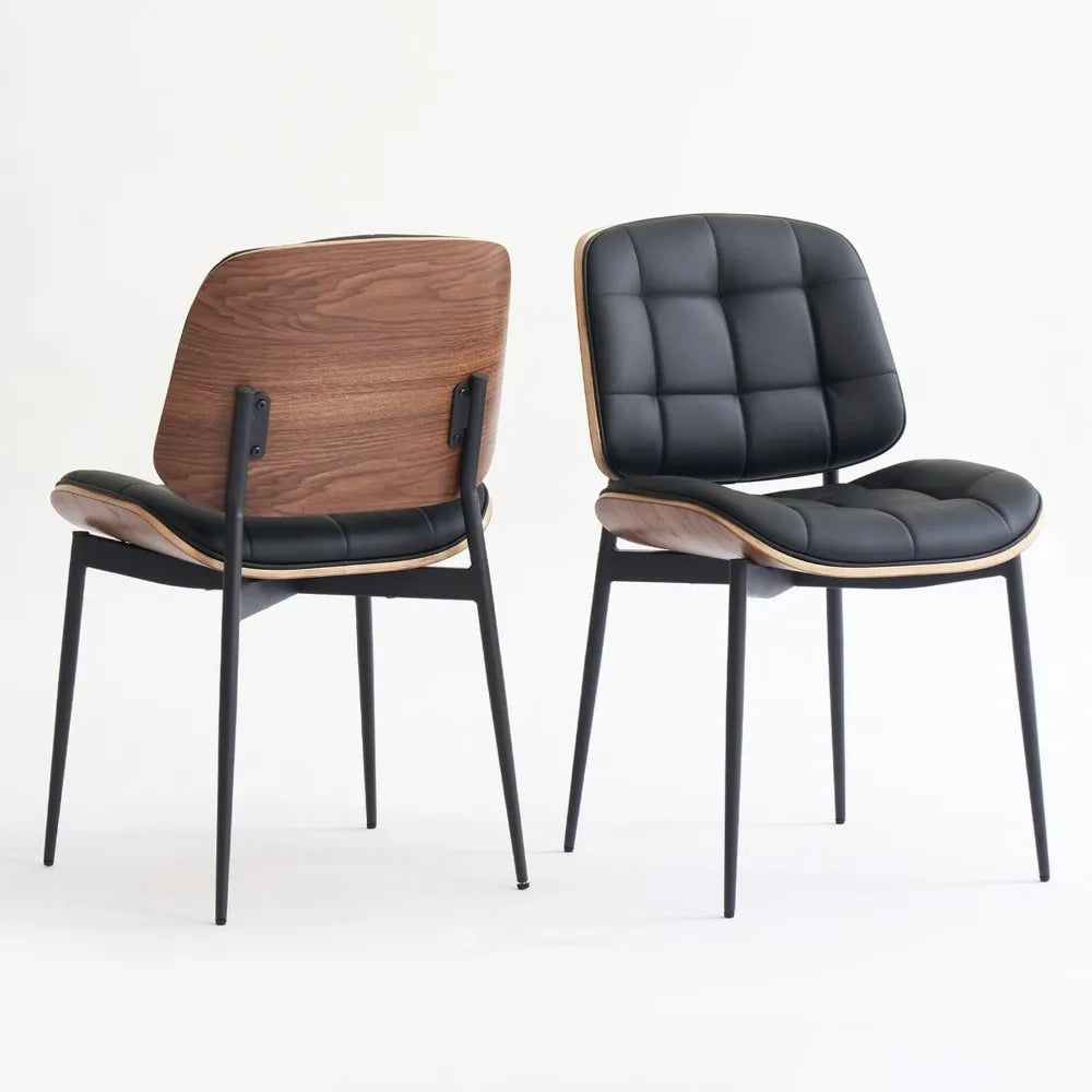 Mid Century Modern Dining Chairs with Walnut Grain Back, Black Faux Leather Dining Room Chairs Set of 2, Checkered Soft Cushion