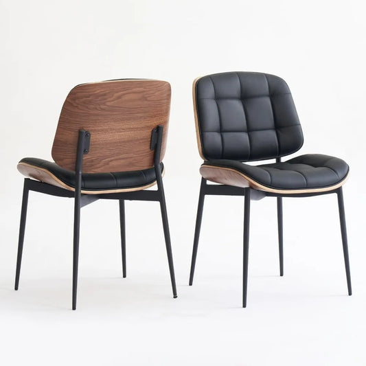 Mid Century Modern Dining Chairs with Walnut Grain Back, Black Faux Leather Dining Room Chairs Set of 2, Checkered Soft Cushion