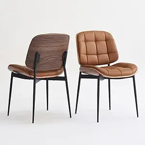 Mid Century Modern Dining Chairs with Walnut Grain Back, Black Faux Leather Dining Room Chairs Set of 2, Checkered Soft Cushion