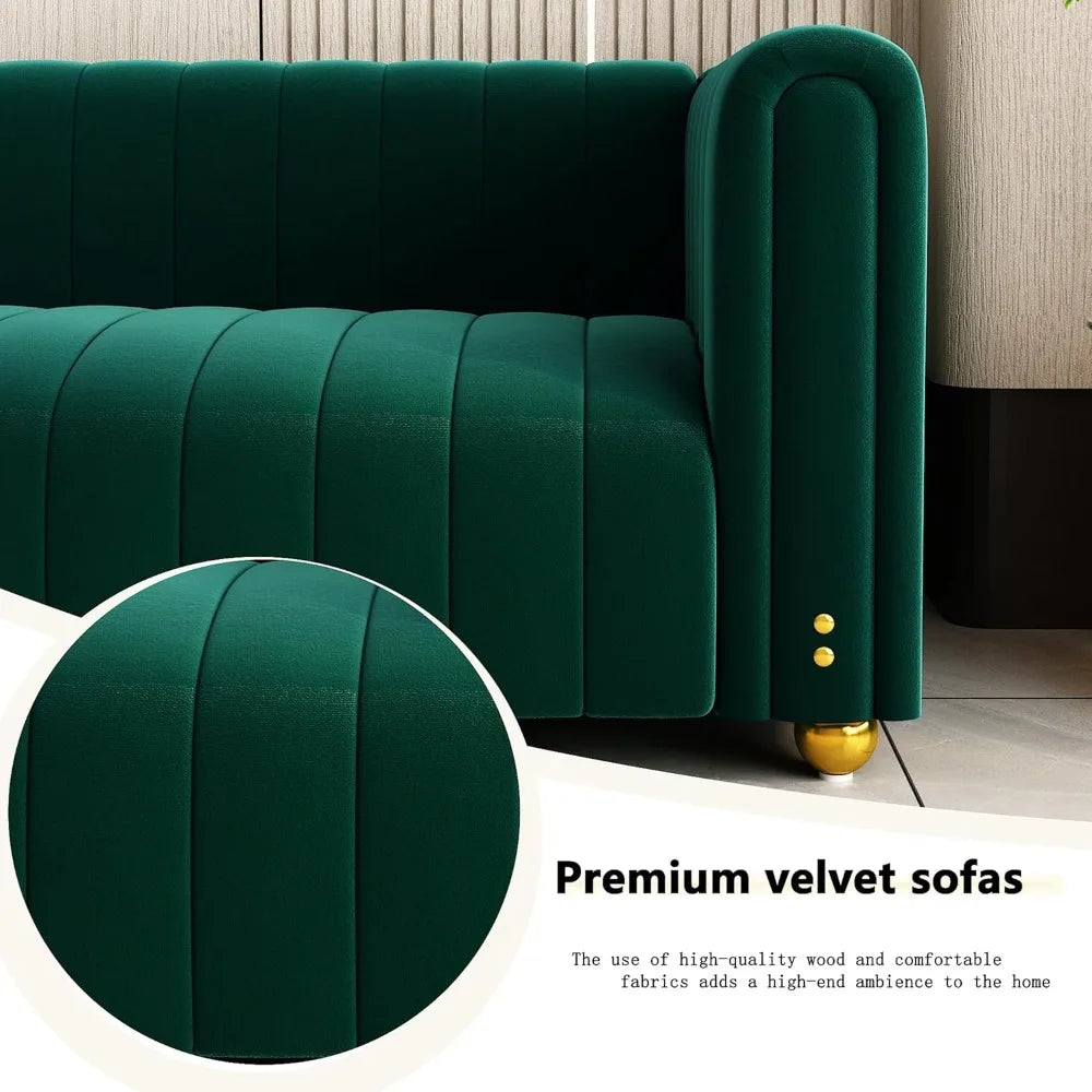 Velvet Sofa 81": Channel Tufted 3-Seat with Gold Legs for Living Room