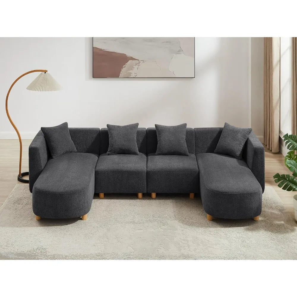 113" Sectional Sofa with 4 Pillows, U-Shaped 4-Seater Comfy Boucle Cloud Couch, Modern Double Chaises Lounge Sofas for Living