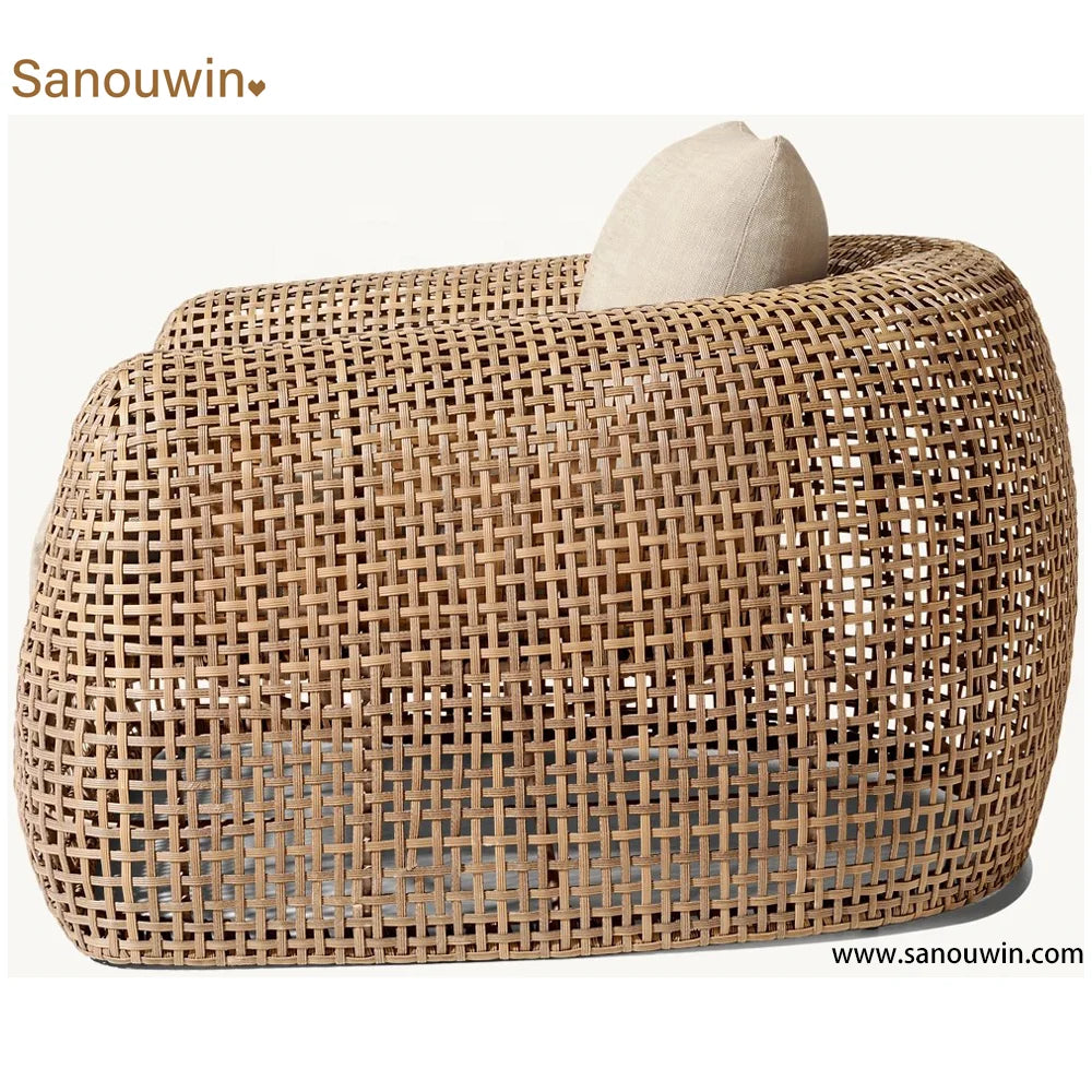 Hot Sales Modern PE Rattan Single Sofa Set High-End Outdoor Furniture With Natural Wood Look Wicker Teak Fabric Materials For D