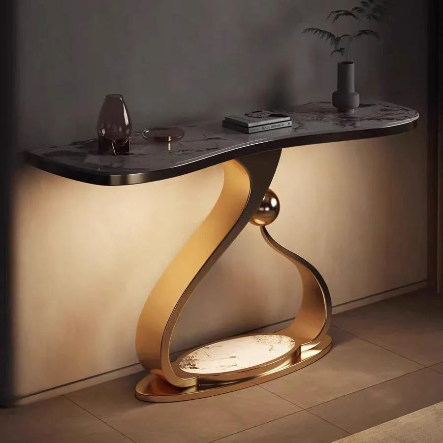 Modern Simple Stainless Steel Console Table Light Luxury Rock Board Design Home Living Room Very Narrow Case Corridor Table