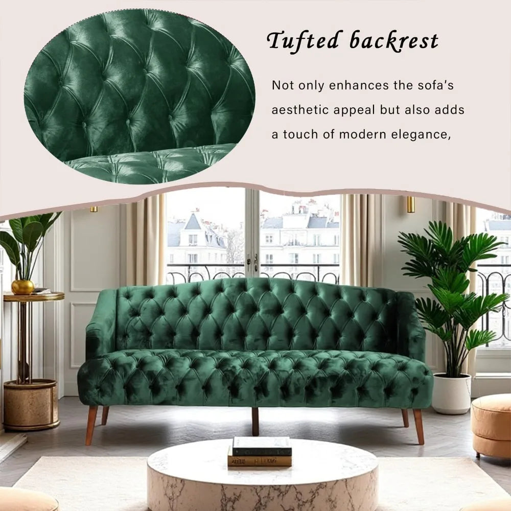 Modern Emerald Velvet Loveseat Sofa with Tufted Curved Back, Comfy Upholstered 2-Seater Sofa with Brown Birch Legs