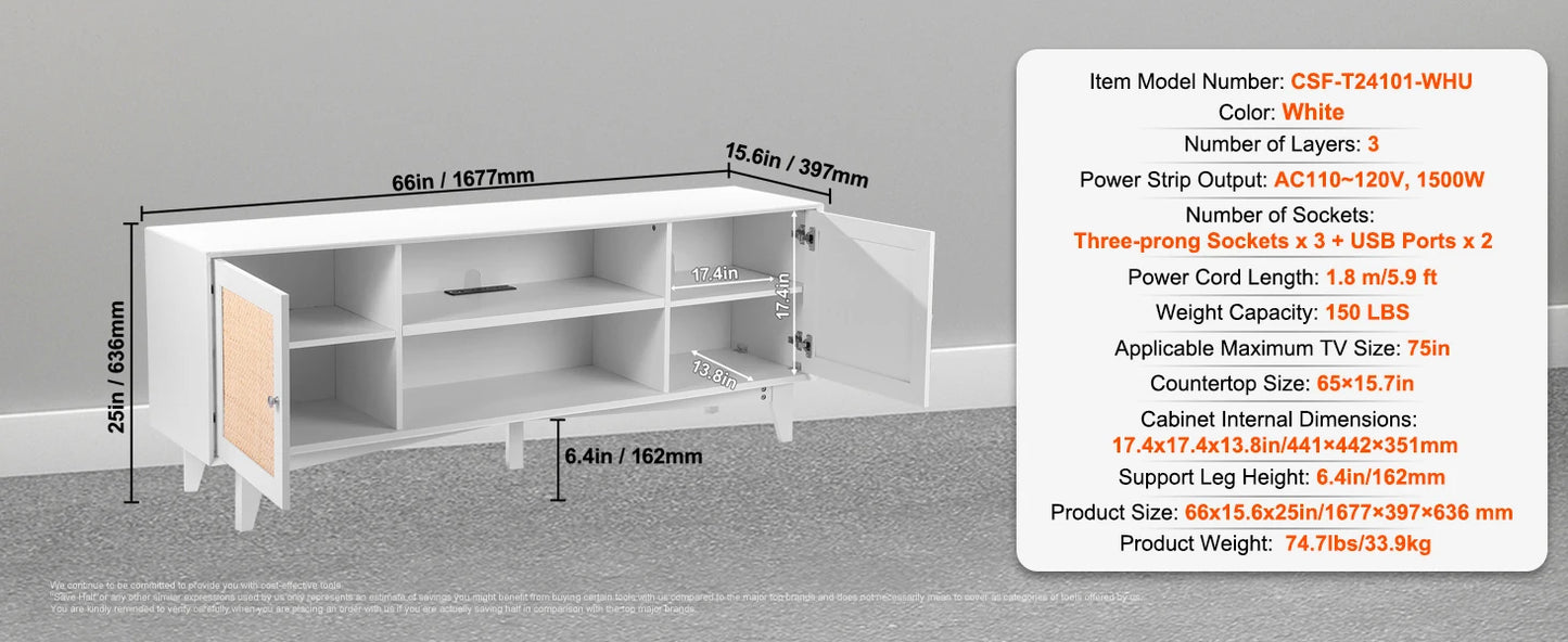 Rattan TV Stand Mid Century Modern TV Stand with Build-in Socket USB Ports Adjustable Shelfs for Living Room Media Room
