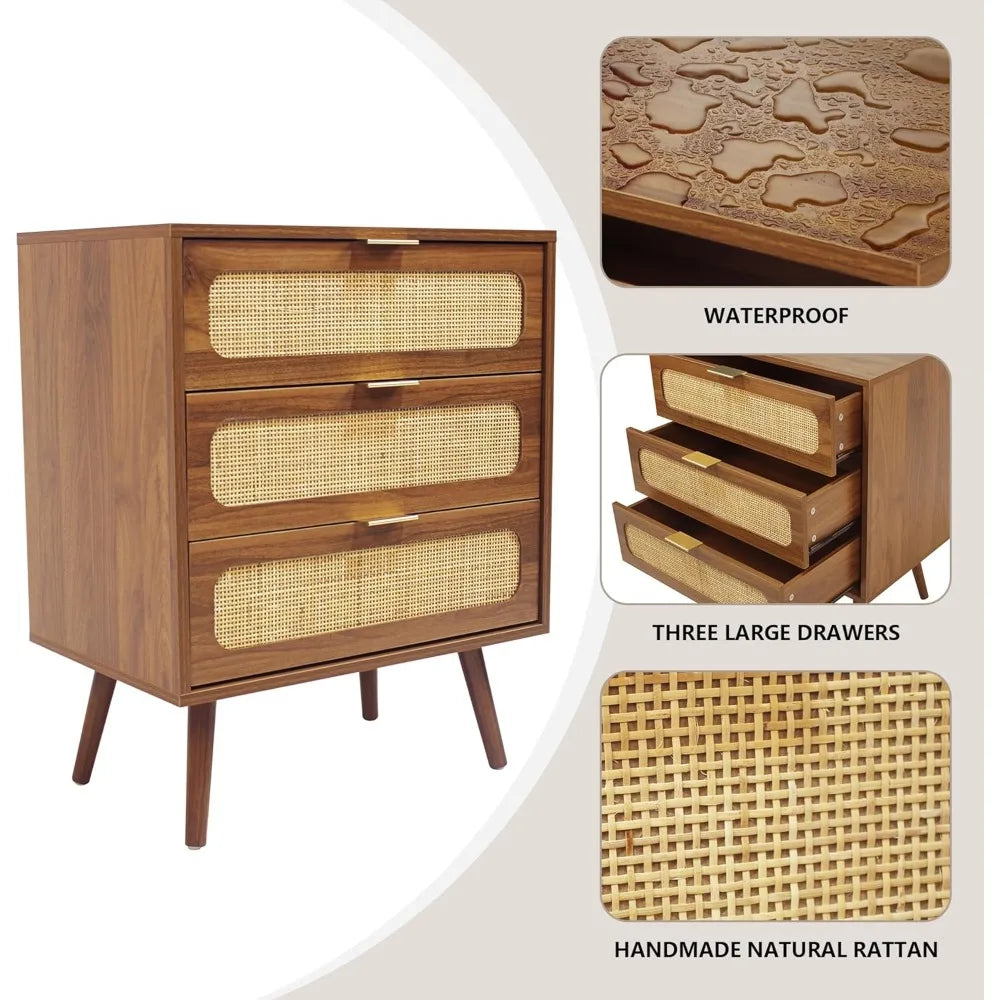 QHITTY Drawer Dresser Set of 2, Rattan Chest of Drawers with 3 Drawers Dresser, Accent Storage Cabinet Modern Bedside Table for