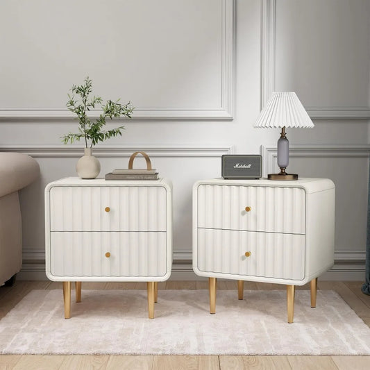 Modern Nightstand Set of 2, Fluted Bed Side Table with 2 Drawers Storage, Wood End Table with Gold Metal Handle, White Night St