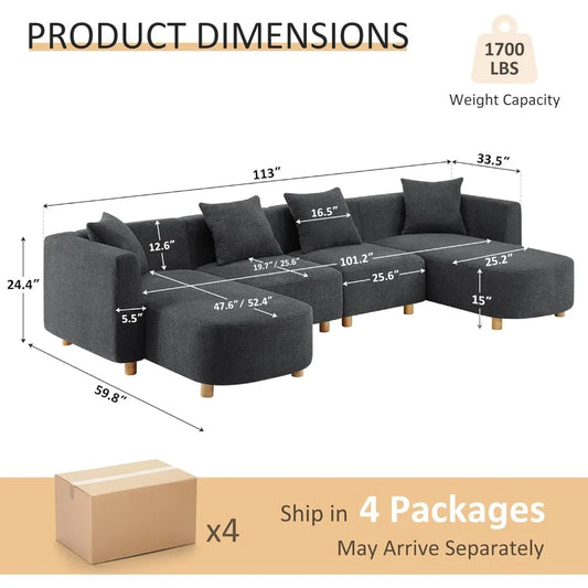 113" Sectional Sofa with 4 Pillows, U-Shaped 4-Seater Comfy Boucle Cloud Couch, Modern Double Chaises Lounge Sofas for Living
