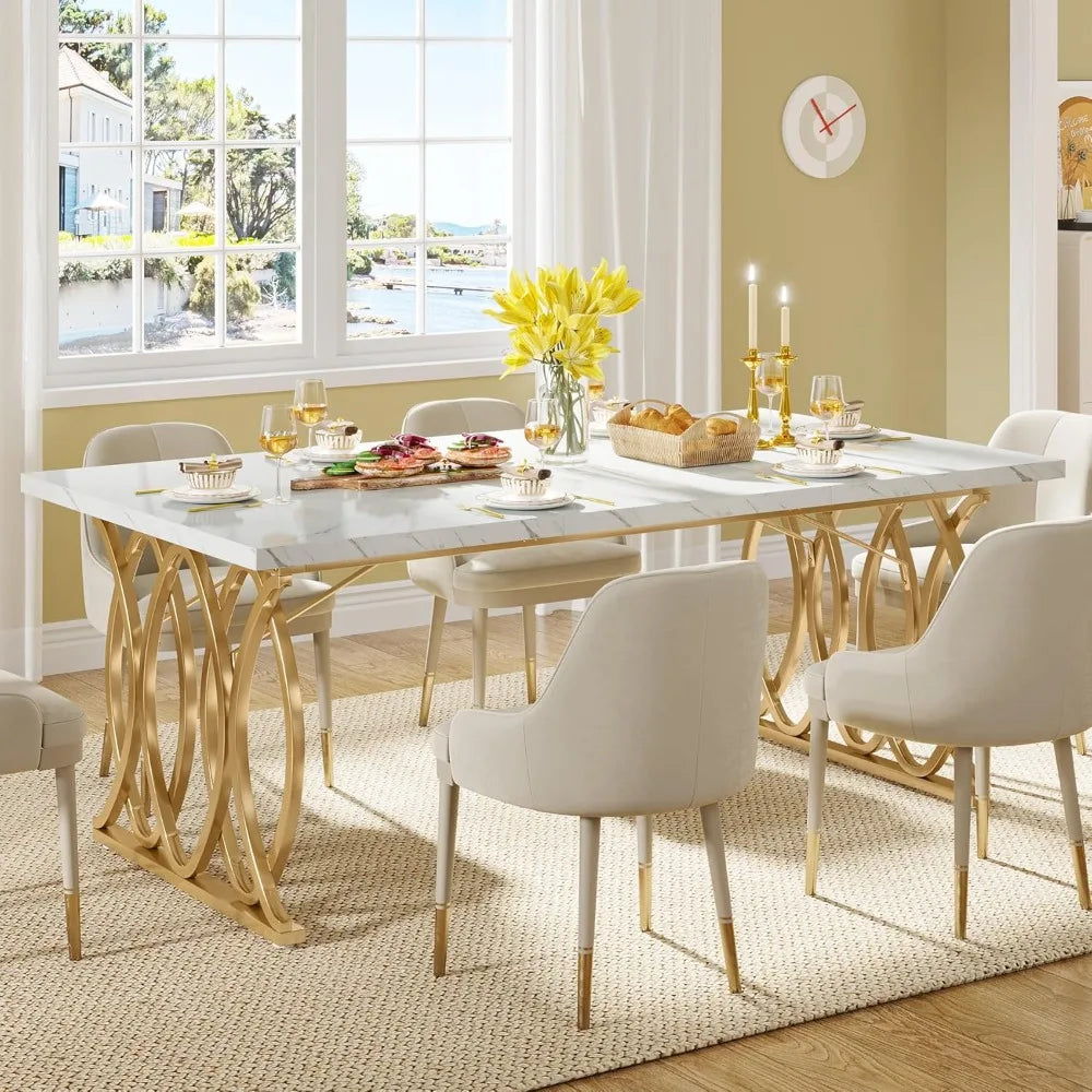 63" Dining Table Set, for 4-6 People, with Faux Marble Tabletop and Geometric Legs, Unique Rectangular Dinner Tables