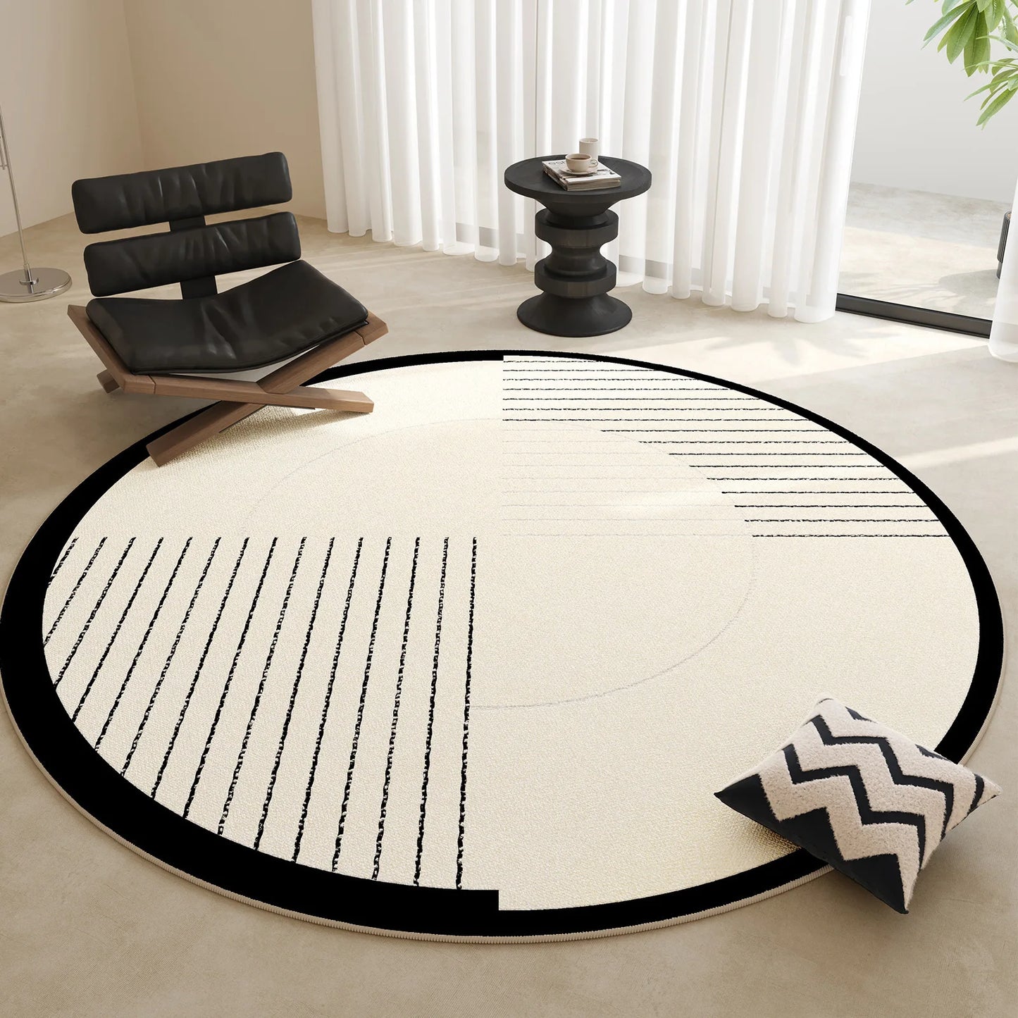Minimalist Round Rug - Modern Geometric Black Border Carpet