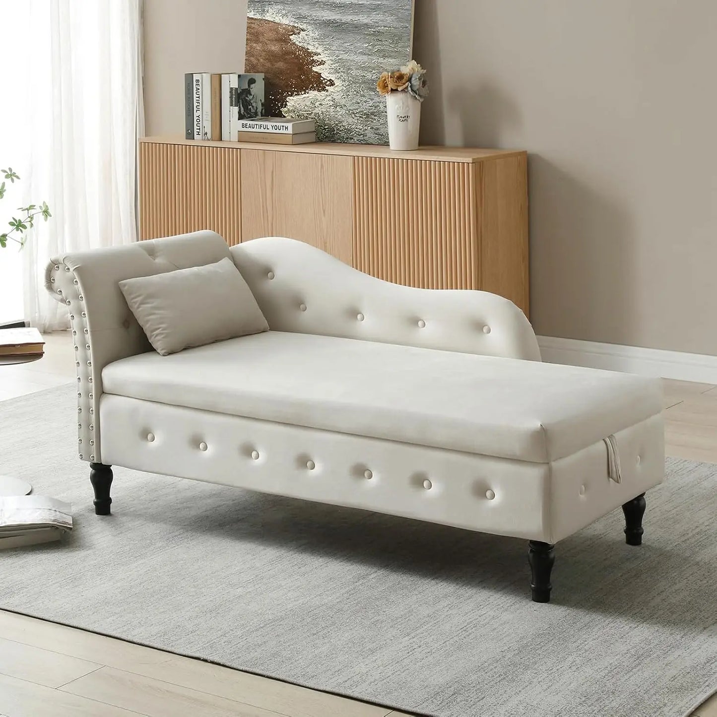 Modern Velvet Upholstered Chaise Lounge Indoor Button Tufted Chaise Lounge Chair with Solid Wood Legs Single Sleeper Sofa