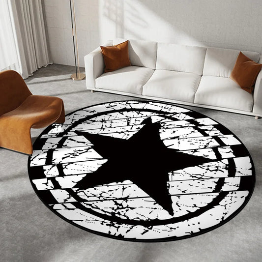 Star Print Round Carpet Black White Cracked Texture Design Modern Vintage Home Decor Rug for Living Room Bedroom Study Entryway