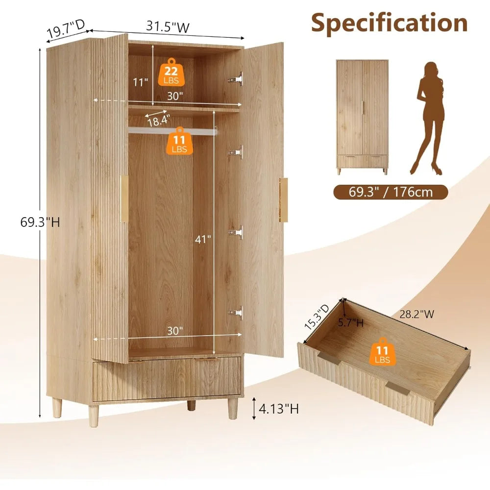 Oak Wooden Wardrobe with Doors, Drawers, and Hanging Rack for Bedroom Closet Storage