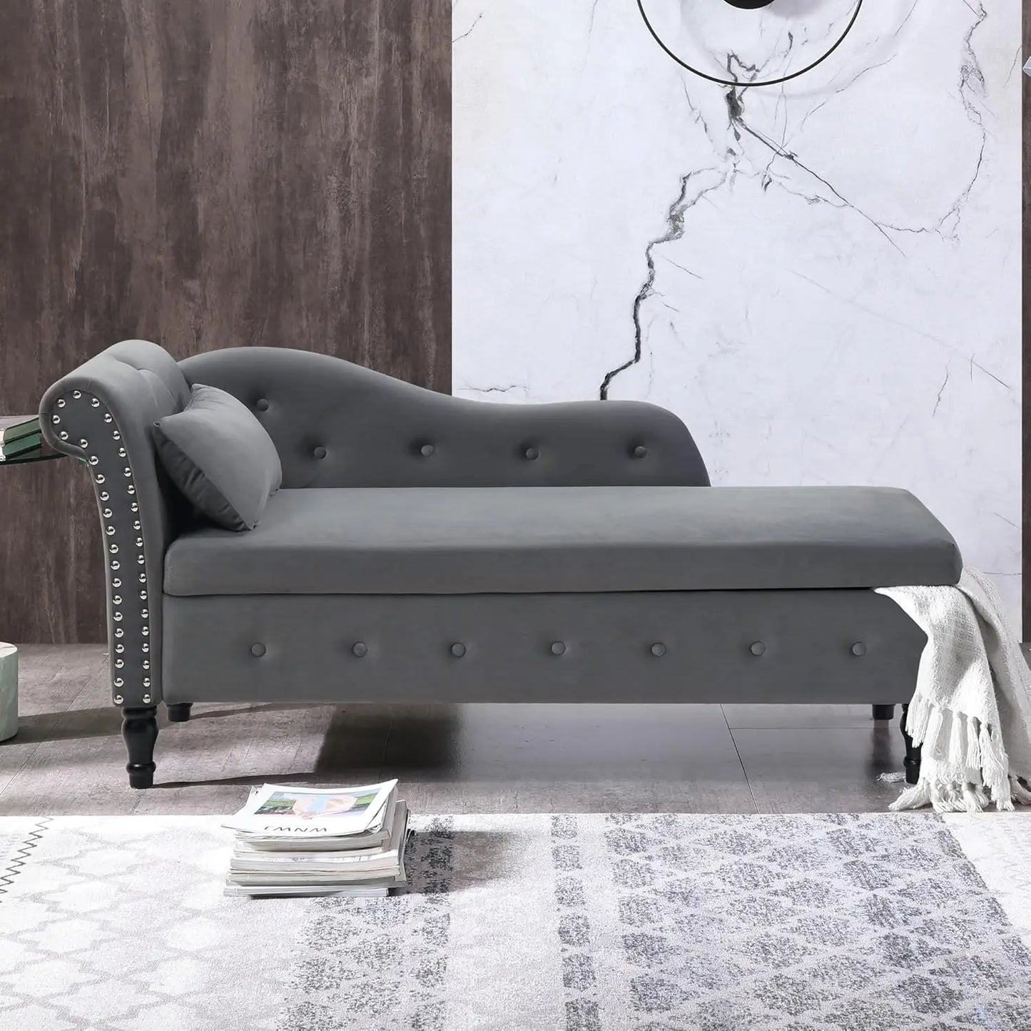 Modern Velvet Upholstered Chaise Lounge Indoor Button Tufted Chaise Lounge Chair with Solid Wood Legs Single Sleeper Sofa