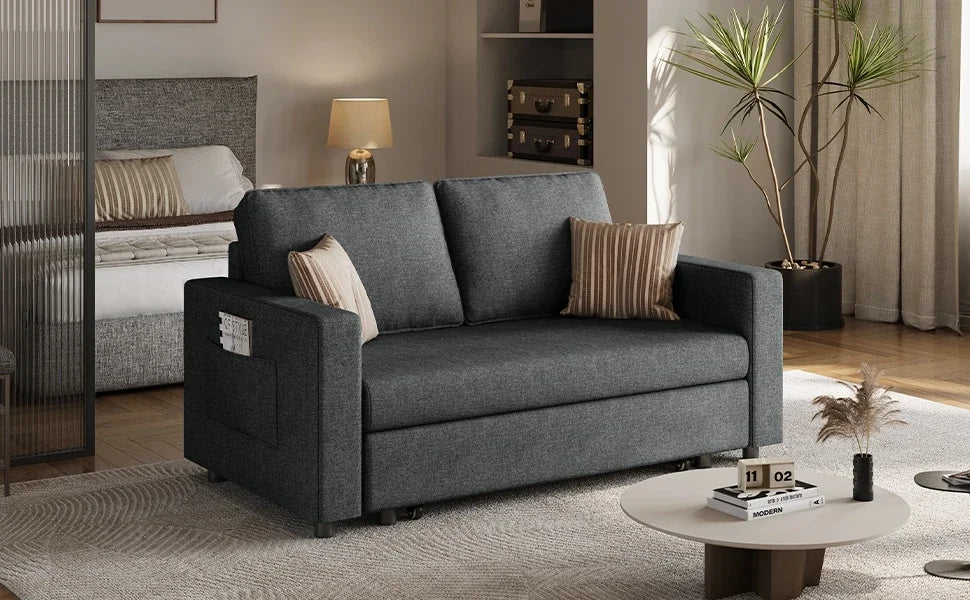 w/Pull-Out Trundle Bed Sleeper Sofa Convertible Couch for Limited Spaces Living Room Bedroom Guest Room Dark Gray 55.5 in