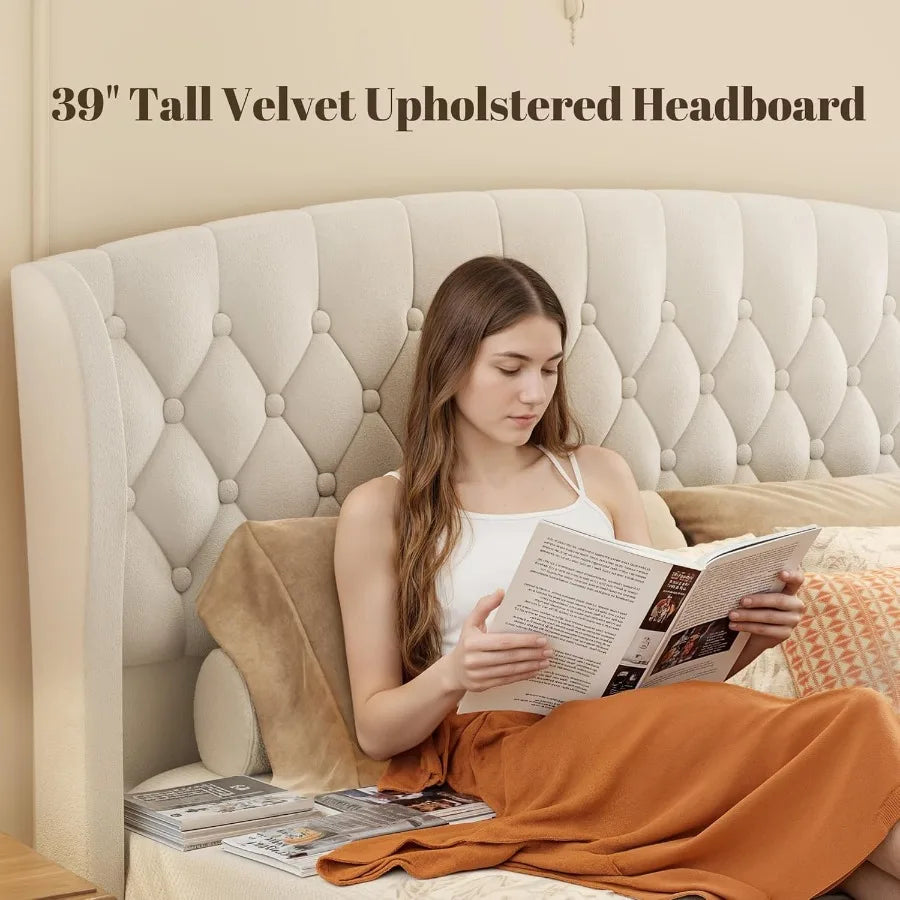 Queen Size Velvet Upholstered Sleigh Bed with Wingback Headboard