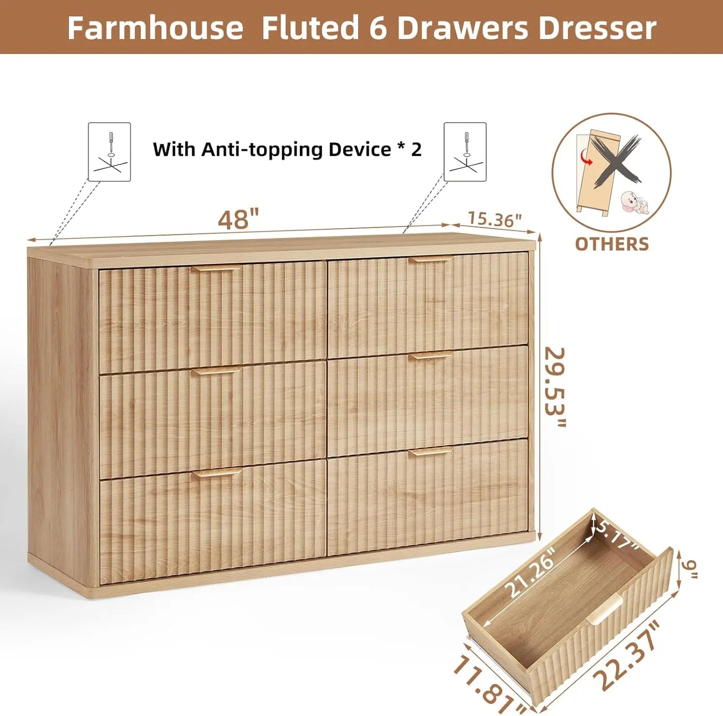 Fluted 6 Drawer Dresser with Metal Handles - Natural Wood Finish
