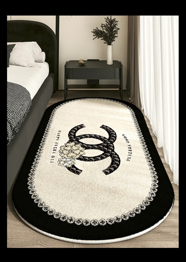 Designer-Inspired Oval Bedroom Rug - Luxury Logo Design with Lace Border