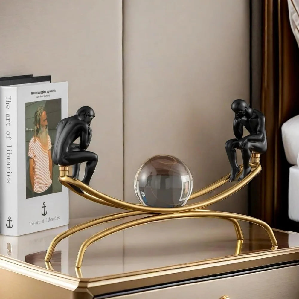 The Thinker Statue with Crystal Ball - Figurine Sculpture | Home Office Decor
