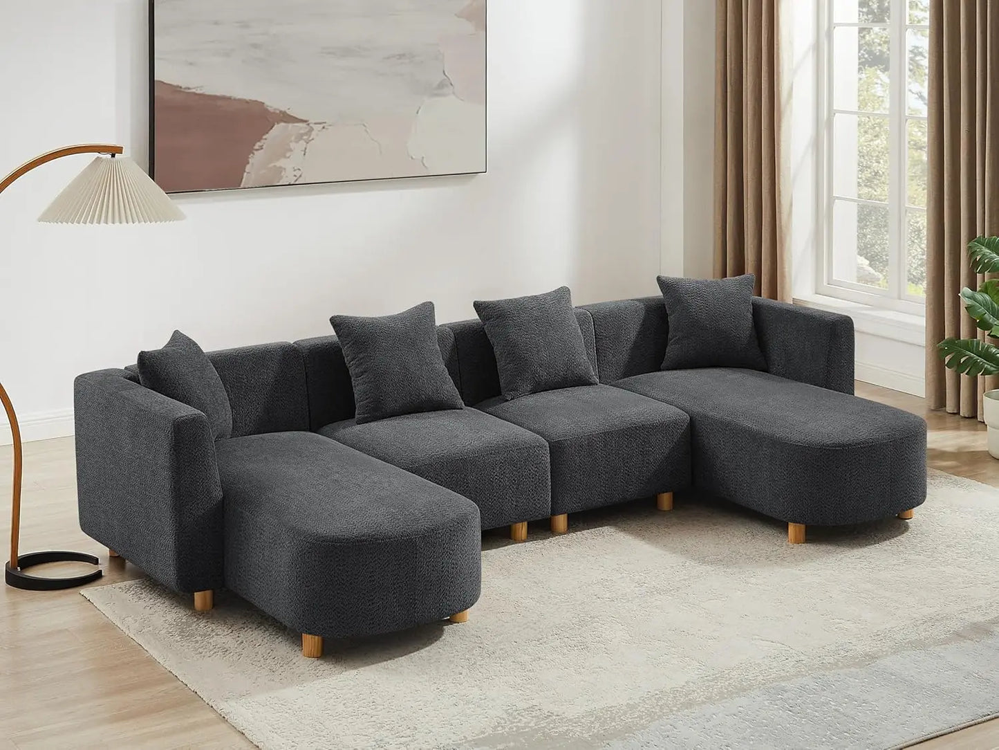 113" Sectional Sofa with 4 Pillows, U-Shaped 4-Seater Comfy Boucle Cloud Couch, Modern Double Chaises Lounge Sofas for Living