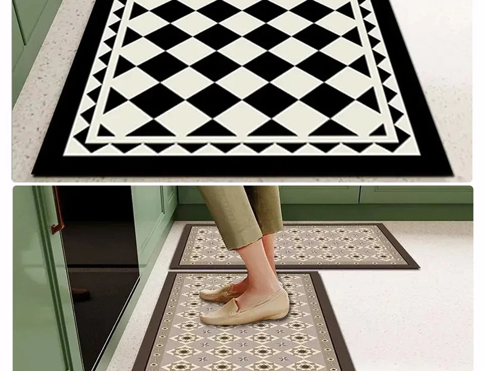 Mat for Kitchen Carpet Waterproof PVC Long Floor Mats Leather Oil Proof Anti-slip Carpets Black White Plaid Home Decoration Rug