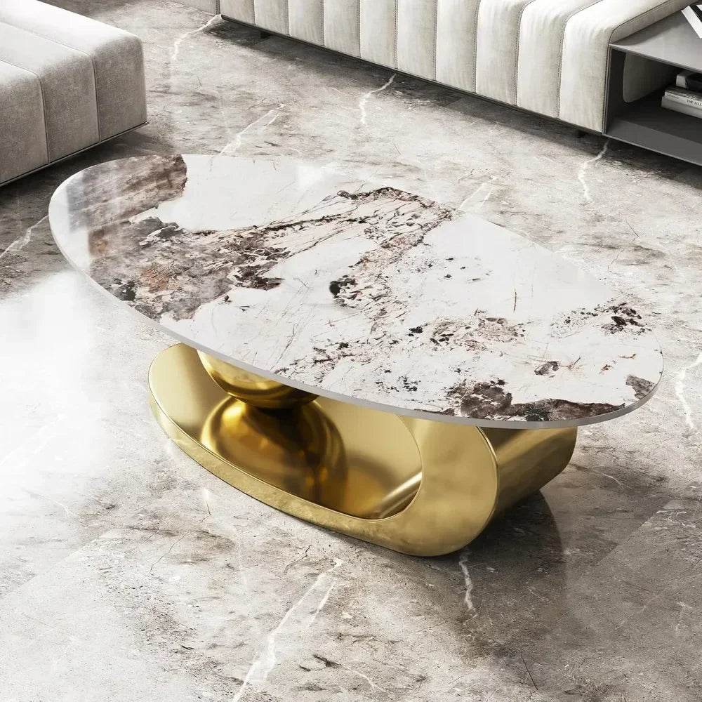 Modern Oval Stone Coffee Table with Abstract Gold Metal Base - Perfect  for Stylish Living Rooms-Gold,51"Lx28Wx16.5H