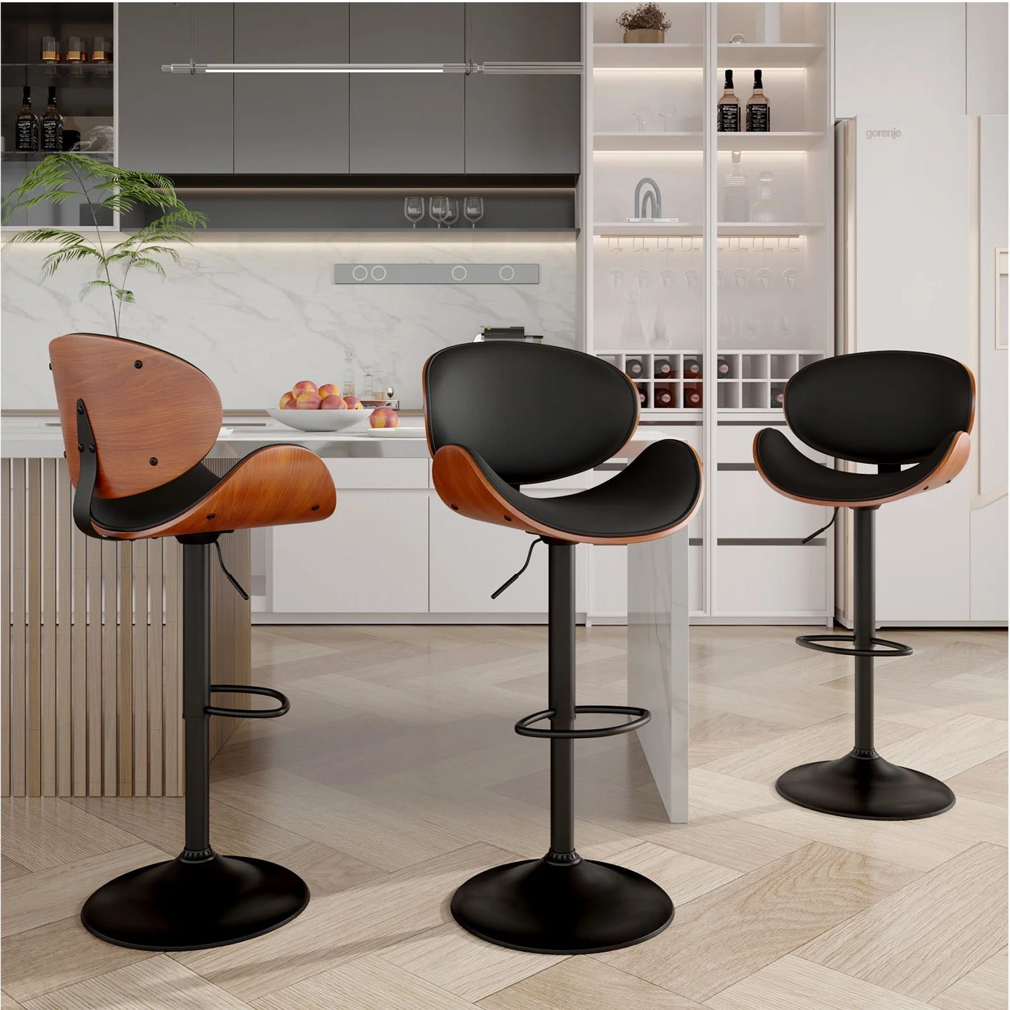 Rotating Bar Stool 2-Piece Set with Backrest and Footstool, Pu Leather Cushion Counter Height Bar Chair for Bar Kitchen and Restaurant