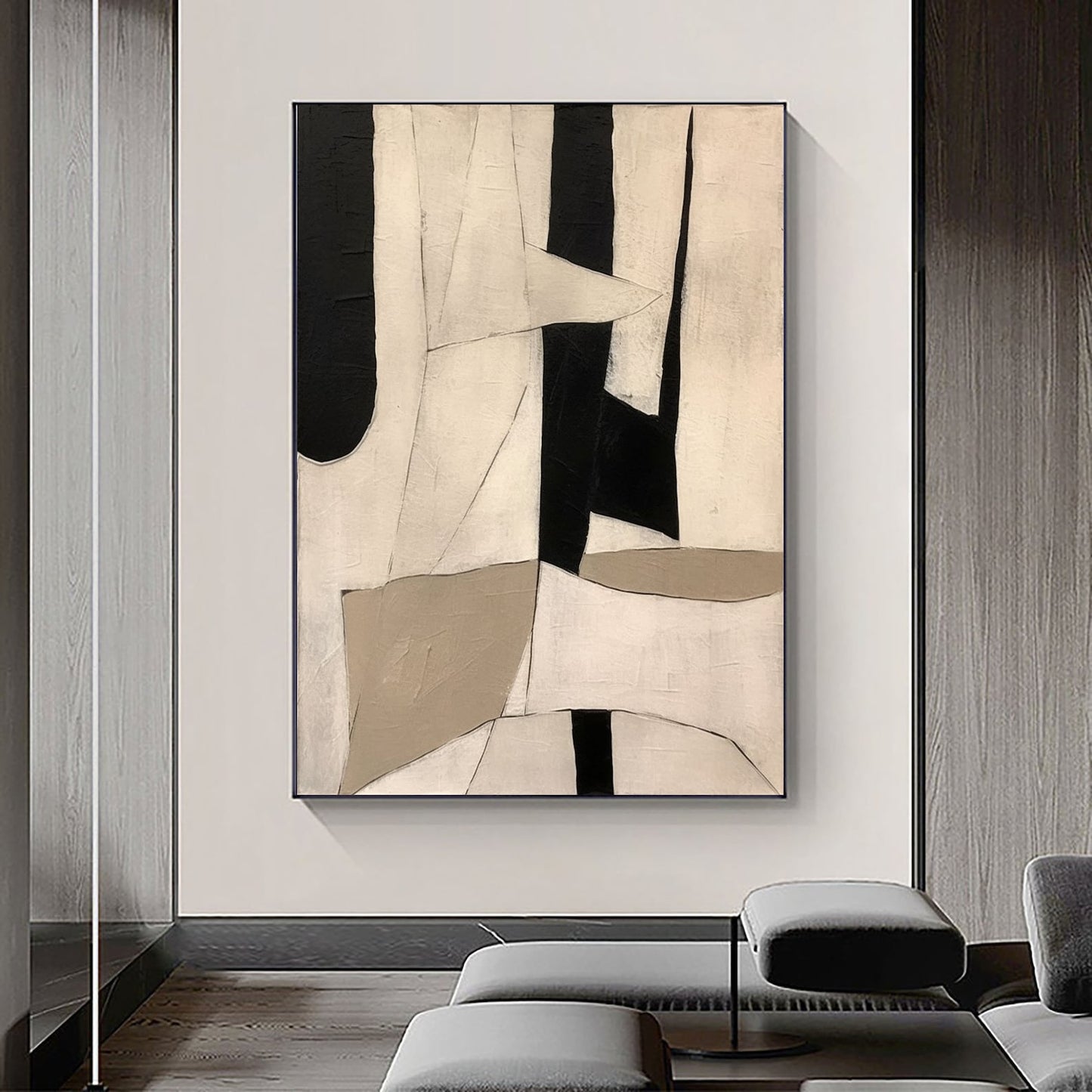 Beige Wabi Sabi Wall Art, Black And Beige Abstract Painting -Minimalist Canvas Large Neutral Rich Textured Living Room Decor