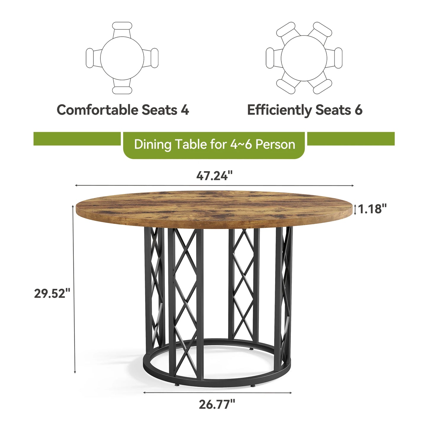 Tribesigns Round Dining Table for 4-6 People, 47-Inch Farmhouse Dinning Room Table Circle Kitchen Table, Industrial Dinner Table