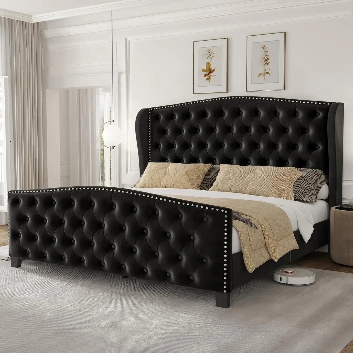 King Size Velvet Upholstered Platform Bed with Wingback Headboard and Footboard