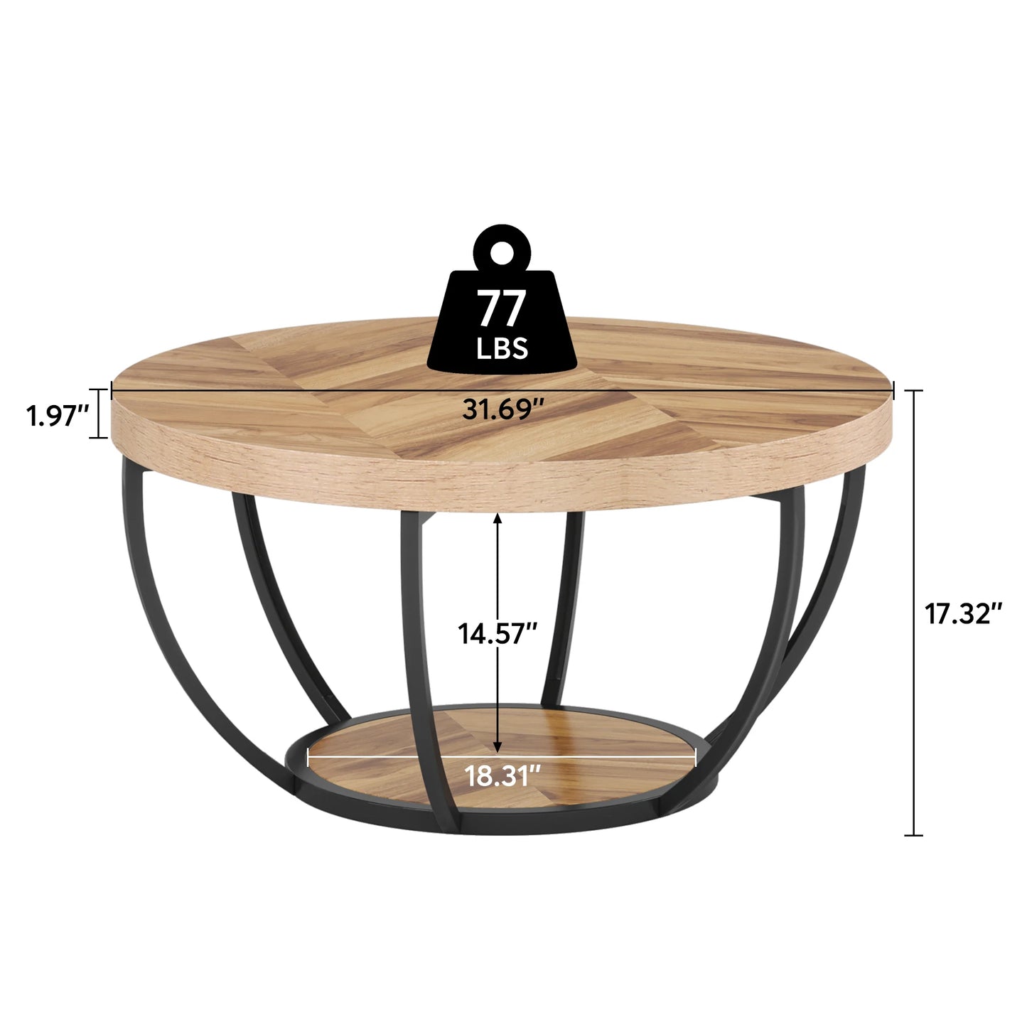 Round Coffee Table with Storage Shelves - 31.7" Industrial 2-Tier Circle Table