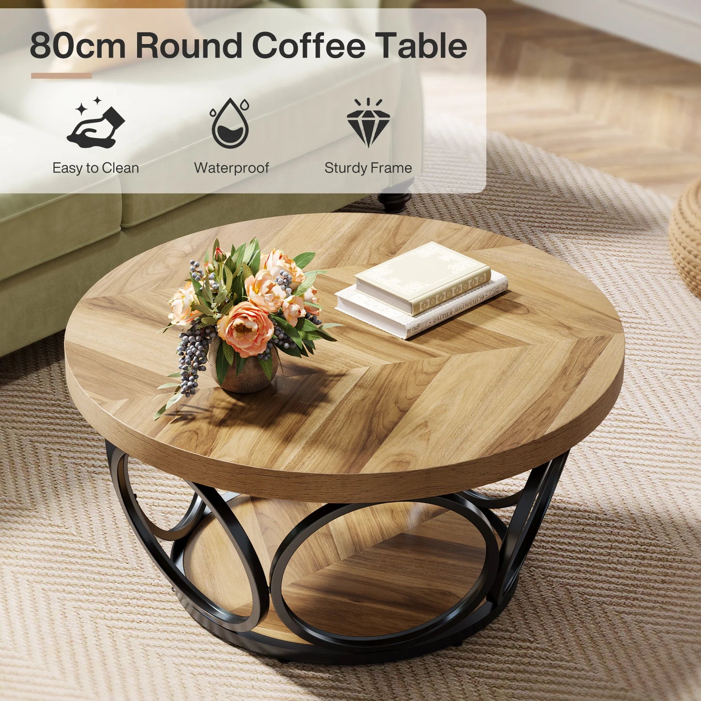 Round Coffee Table with Storage Shelves - 31.7" Industrial 2-Tier Circle Table