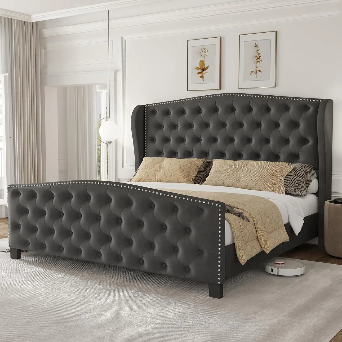 King Size Velvet Upholstered Platform Bed with Wingback Headboard and Footboard