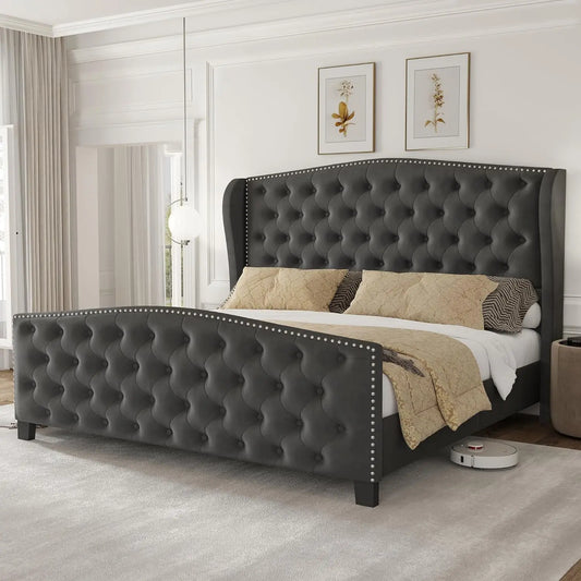 Deep Button Tufted Bed Frame with Wood,Bed Frame Velvet Upholstered Platform Bed with Wingback Headboard & Footbaord