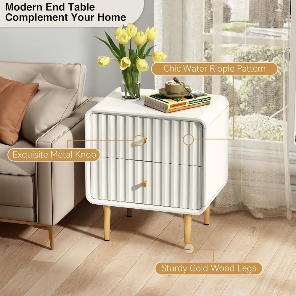 Modern Nightstand Set of 2, Fluted Bed Side Table with 2 Drawers Storage, Wood End Table with Gold Metal Handle, White Night St
