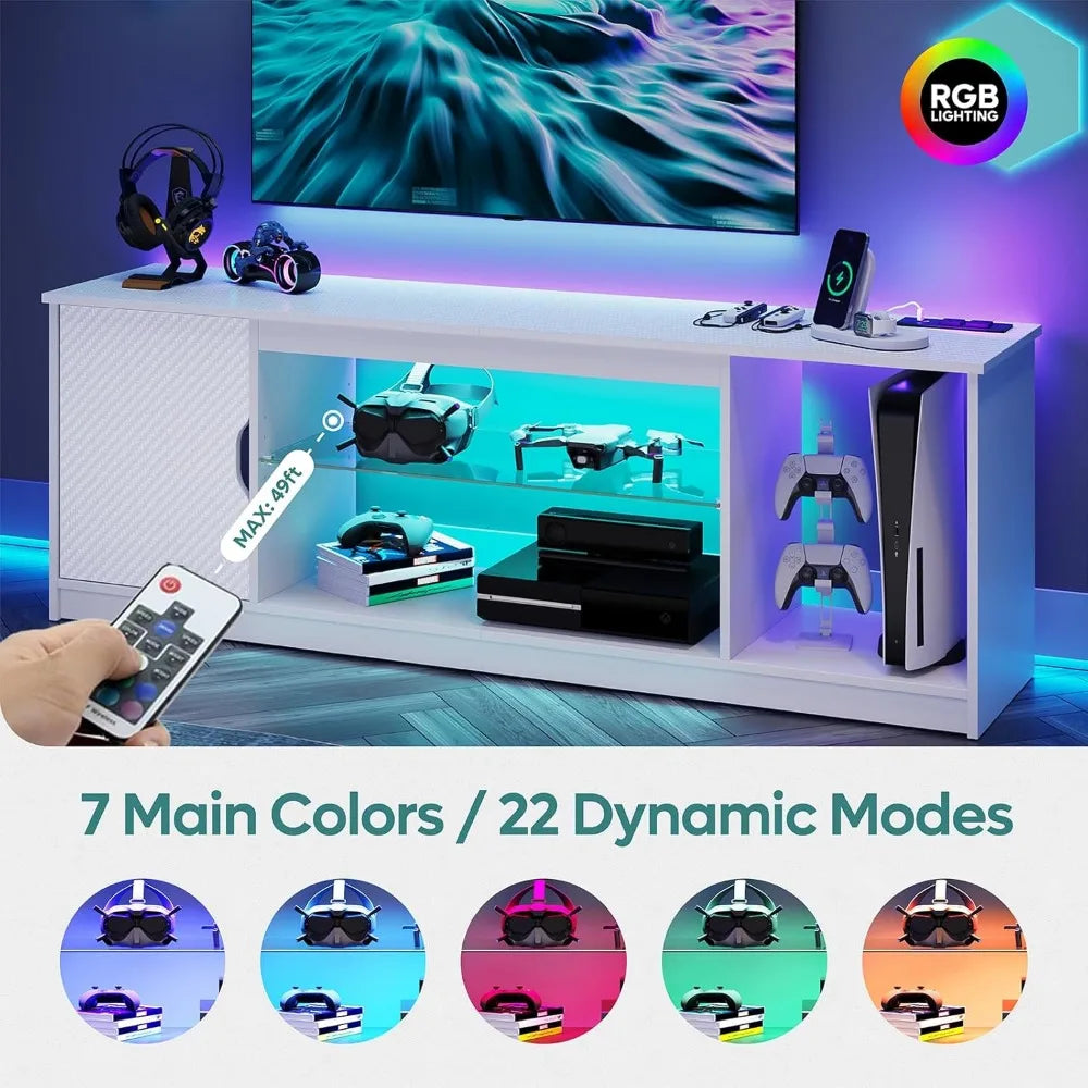 LED TV Stand with Power Outlets for 55/60/65 Inch TV, Gaming Entertainment Center with Cabinet for PS5, Modern TV Cabinet with