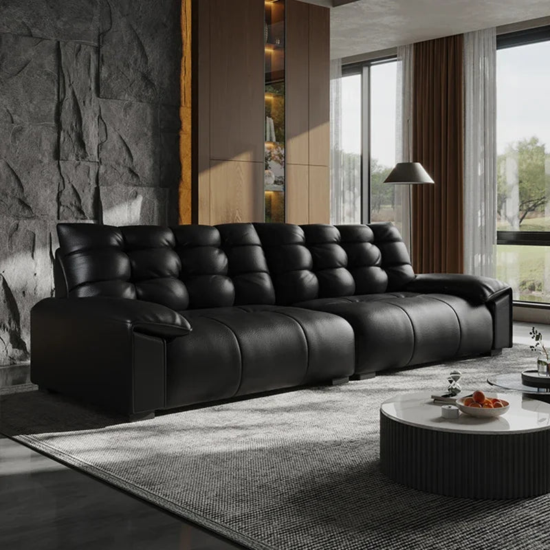Black Leather Tufted Modular Sofa - Contemporary Recliner for Living Room
