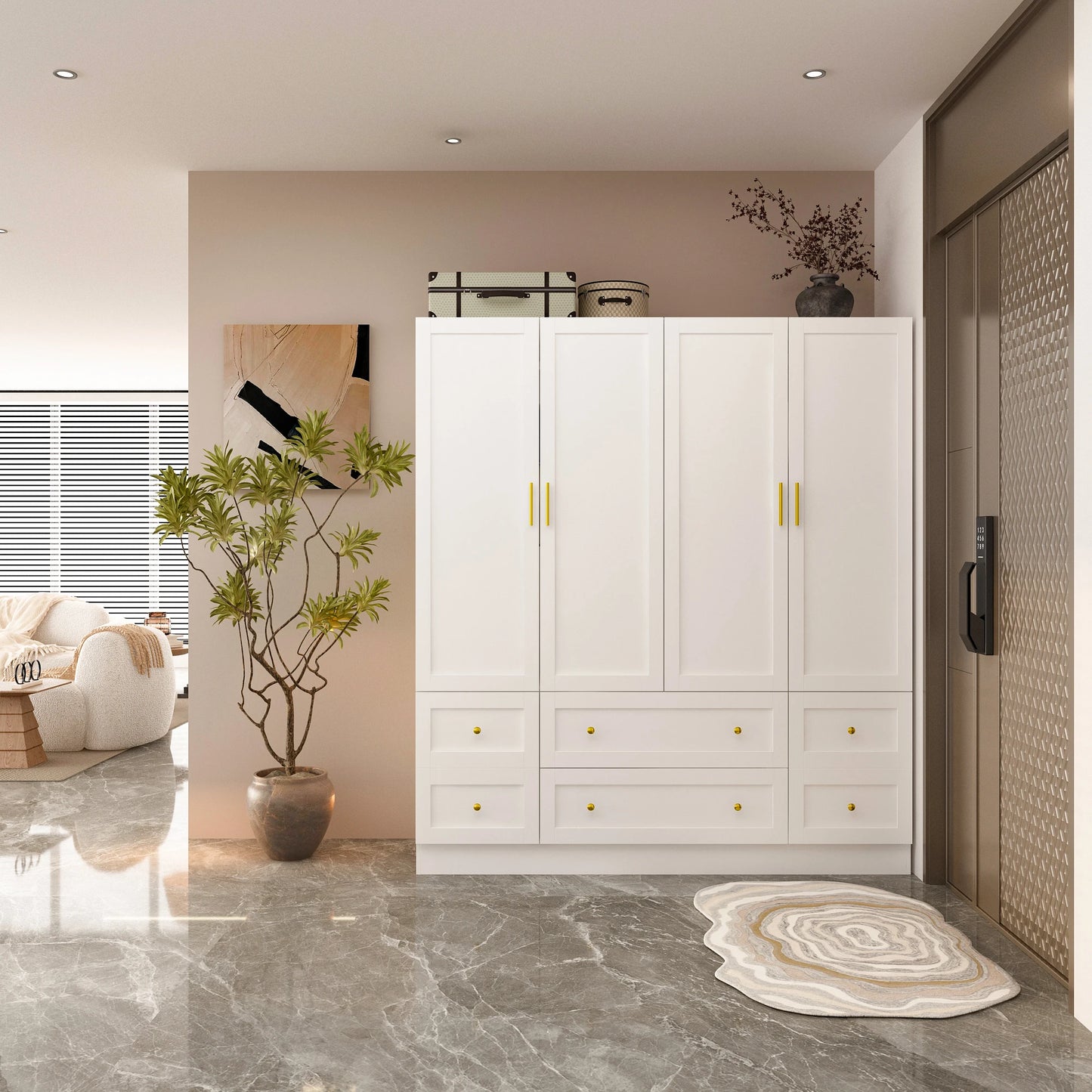 White Armoire with Shelves & 6 Drawers, Wardrobe Cabinet with Hanging Rod