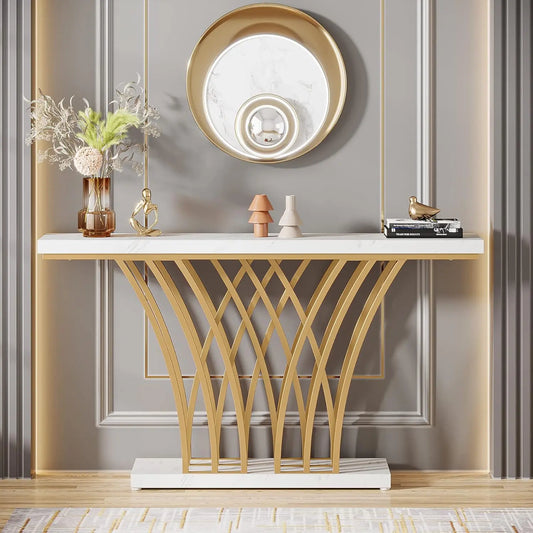 Console Table 59" - White Marble Top with Gold Grid Metal Base