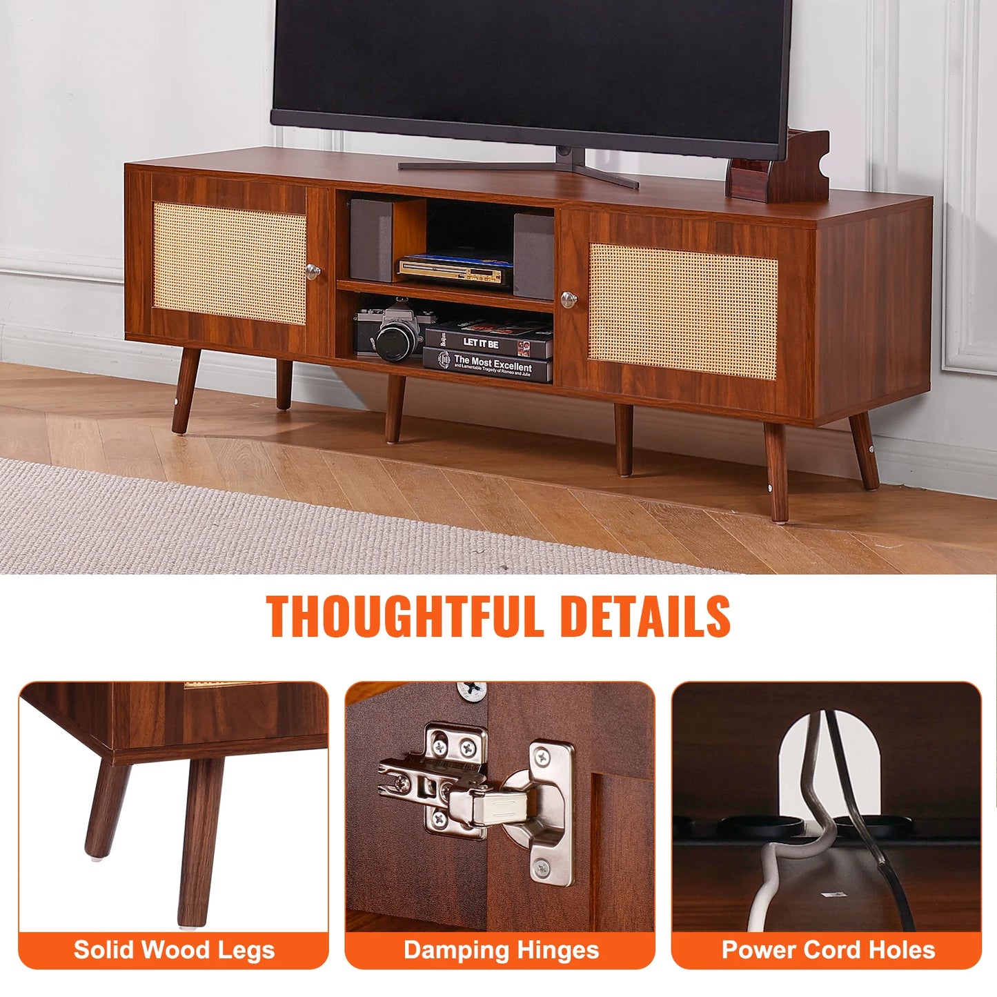 Rattan TV Stand Mid Century Modern TV Stand with Build-in Socket USB Ports Adjustable Shelfs for Living Room Media Room