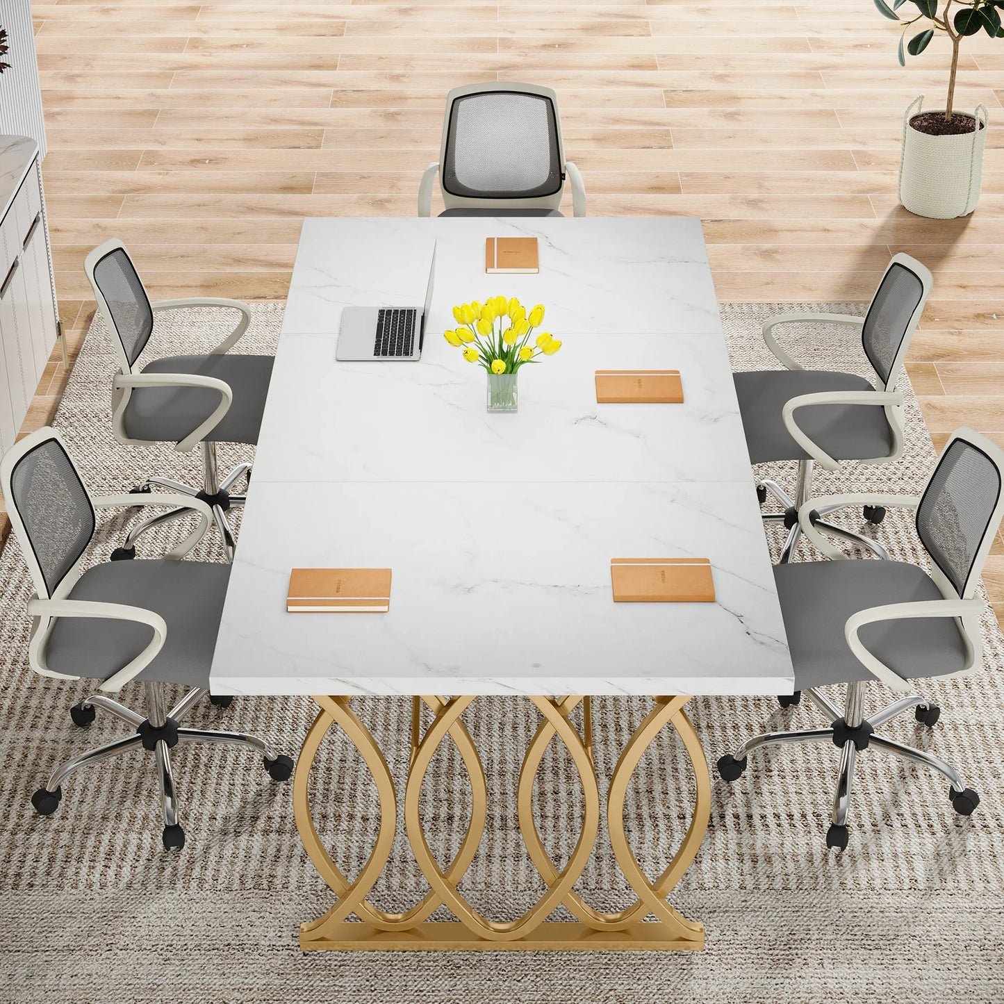 Executive Desk 63" - Modern White and Gold Office Desk with Geometric Base, Conference Table for Home Office