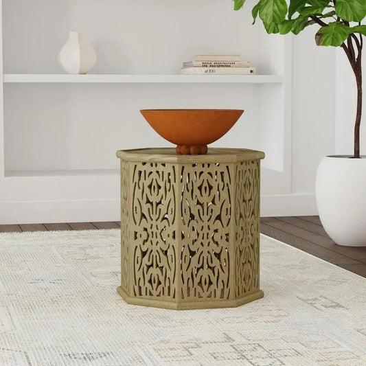 Octagonal Solid Mango Wood Side Table - Natural Brown Finish, Unique Design, Perfect for Living Room or Bedroom